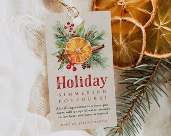 Holiday Simmering Potpourri Tag, Stovetop Potpourri Gift Tag Template, Editable Holiday Potpourri Tag, Christmas Gift Tag Printable Templett