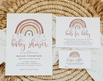 Rainbow Baby Shower Invitation Template Suite, Boho Rainbow Baby Shower Invite Bundle, Printable Diaper Raffle & Book Request, Templett #06B