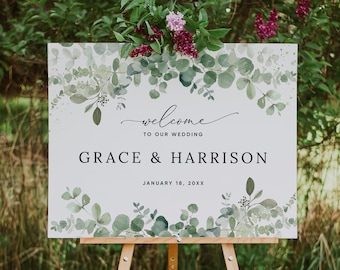 Eucalyptus Wedding Welcome Sign Template (24x18" & 36x24"), Rustic Greenery Wedding Sign, Printable Wedding Welcome Sign, Templett, #002