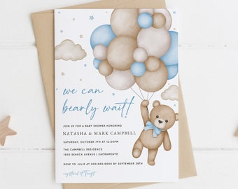 We Can Bearly Wait Baby Shower Invitation, Teddy Bear Baby Shower Invitation Template, Boy Bear Theme Baby Shower Invitation, Templett #15B