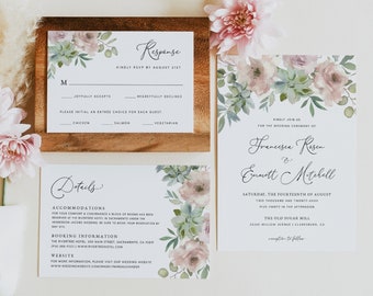 May include: Wedding invitation suite with a floral design. The invitation features a watercolor illustration of pink flowers and green leaves. The RSVP card includes a choice of chicken, salmon, or vegetarian for the meal. The details card includes information about accommodations and a website for more information.