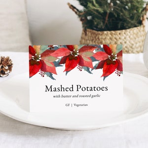 Christmas Buffet Cards, Holiday Food Label Cards, Printable Buffet Cards, Christmas Poinsettia Food Cards, Instant Download, Templett