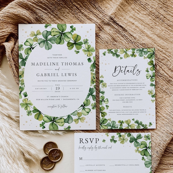 Shamrock Wedding Invitation Set, St. Patrick's Day Wedding Invitation Template, Printable Irish Wedding Invitation Suite, Templett, #SPD