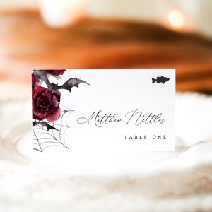 Cartões de lugar de casamento góticos com escolha de refeição, modelo de cartões de lugar de casamento de Halloween, download de cartões de lugar de casamento para impressão, Templett, #006