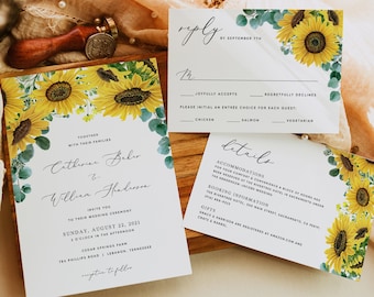 Sunflower Eucalyptus Wedding Invitation Template, Sunflower Wedding Invitation Suite, Printable Wedding Invitation Set, Templett, #015