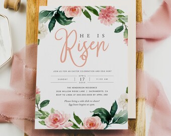 Religious Easter Celebration Invitation Template, He is Risen Easter Invitation, Printable Easter Egg Hunt Invitation, Templett, #EAS