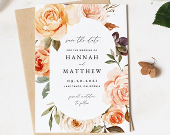 May include: Save the date card with a floral design featuring peach, orange, and white roses. The text reads "save the date" for the wedding of Hannah and Matthew on 09.20.2021 in Lake Tahoe, California. Formal invitation to follow.