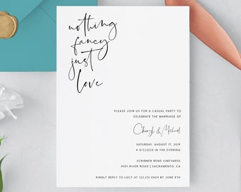 Nothing Fancy Just Love Simple Wedding Invitation Template Download, Minimalist Wedding Elopement Announcement Reception Invitation, #012