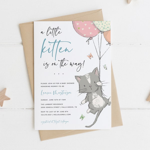 Cat Baby Shower Invitation Template, Editable Baby Shower Invitation, Printable Baby Shower Invitation, Instant Download, Templett, #07B