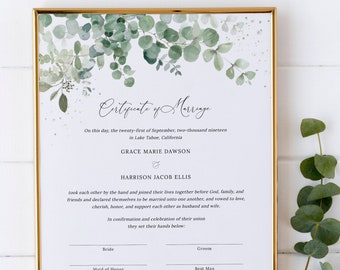 Souvenir de certificat de mariage de verdure d'eucalyptus, certificat de mariage décoratif, téléchargement de certificat de mariage imprimable, Templett, #002