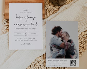 QR Code Wedding Invitation Template, Modern Wedding Invitation with QR Code, Minimalist Wedding Invitation, Printable, Editable, Templett