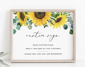 Sunflower Wedding Custom Sign Template, 8x10 Eucalyptus Wedding Reception Sign, 5x7 Rustic Wedding Sign Printable, Templett, #015