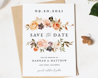 May include: Save the date card featuring a floral design in shades of orange, peach, and white. The text reads "09.20.2021", "Save the Date", "For the wedding of Hannah & Matthew", "Lake Tahoe, California", and "formal invitation to follow".