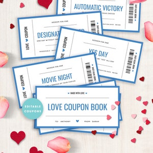 Love Coupon Book for Him, Printable Love Coupons, Editable Love Coupons, Birthday Gift for Him, Anniversary Gift, Templett, #V21