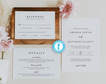 Conjunto de invitación de boda minimalista, conjunto de invitación imprimible de boda moderna, suite de invitación de boda elegante simple, Templett, #016