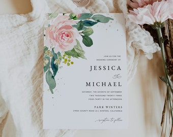 Blush Wedding Invitation Template, Elegant Wedding Invitation Template Download, Floral Wedding Invitation Printable, Templett, #0132