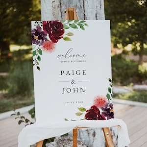 Burgundy & Blush Wedding Welcome Sign Template, Floral Wedding Welcome Sign Printable, Boho Wedding Sign, Instant Download, Templett, #004