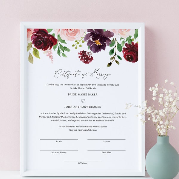 Burgundy & Blush Wedding Marriage Certificate Keepsake, Floral Marriage Certificate Template, Printable Marriage Certificate Download, #004