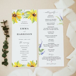 Pode incluir: Programa da cerimônia de casamento com designs florais de girassóis e lavanda. O programa inclui a ordem dos eventos da cerimônia, a festa de casamento e uma mensagem de agradecimento do casal.