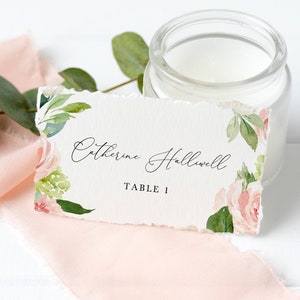 Plantilla de tarjetas de lugar de boda rosa rubor con icono de comida, tarjetas de lugar planas y plegadas de boda imprimibles, tarjetas de lugar editables, Templett, #013