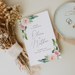 Folded Blush Floral Wedding Program Template, Pink Floral Wedding Ceremony Program, Printable Folded Wedding Programs, Templett, #013