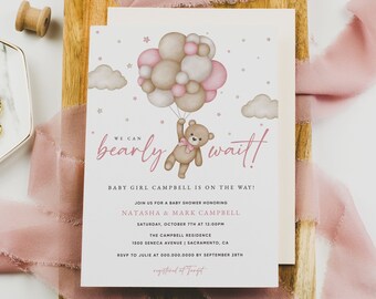 Faire-part de baby shower We Can Bearly Wait, Faire-part de baby shower fille ours, modèle d'Invitation de baby shower ours en peluche, Templett #15B