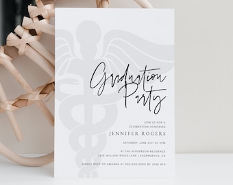 Peut inclure: Une carte blanche avec un symbole médical noir et blanc et le texte "Graduation Party" en écriture cursive noire. La carte comprend également le texte "Join us for a celebration honoring Jennifer Rogers Saturday, June 21st at 2pm at the Henderson Residence 3528 Willow Ridge Lane | Sacramento, CA Kindly RSVP to Amanda at 000.000.0000 by June 8th"