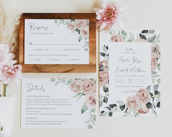 Dusty Rose Wedding Invitation Suite, Dusty Rose Floral Wedding Invitation Set, Printable Wedding Invitation Bundle, Templett, #025