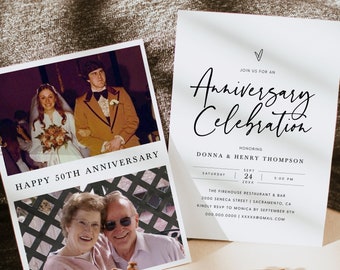 May include: A wedding invitation with a photo of a couple on their wedding day and a photo of them in the present day. The invitation is for an anniversary celebration honoring Donna and Henry Thompson. The event will be held on September 24th at 5:00 PM at The Firehouse Restaurant & Bar in Sacramento, California.