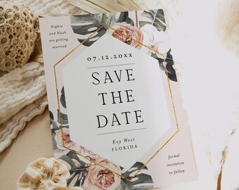 Boho Save the Date Template, Tropical Floral Save the Date Cards, Printable Save the Date, Editable Save the Date Cards, Templett, #019