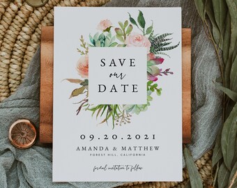 Succulent Save the Date Template, Desert Save the Date Cards, Editable Save the Date, Printable Save the Date Download, Templett, #017