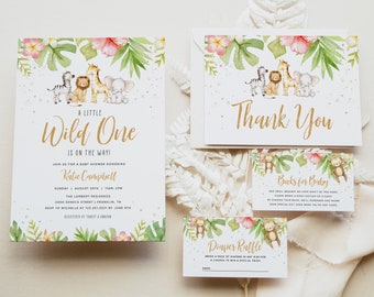 May include: A baby shower invitation with a jungle theme. The invitation features a zebra, lion, giraffe, and elephant with pink flowers and green leaves. The text reads "A Little Wild One is on the Way!" and includes the date, time, and location of the shower. There are also thank you cards and game cards with jungle animals.