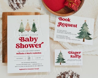 May include: A white card with a red and green Christmas tree design. The card says "A Merry Little Baby Shower" and includes the names Melinda & Mark Anderson. The card also includes the date and time of the shower, the location, and the RSVP information. The card also includes a book request, a diaper raffle, and a registry information.