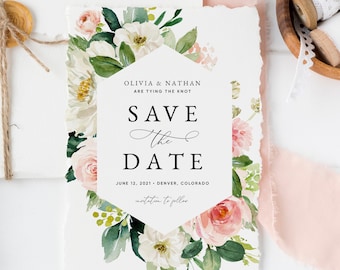 Blush Rose Wedding Save the Date Card, Floral Save the Date Invitation Template, Printable Save the Date, Save the Date Card Download, #013