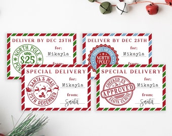 May include: Four red and green striped gift tags with a Christmas theme. Each tag has a different design with a red and green striped border. The tags say "Deliver by Dec 25th" and "Special Delivery".