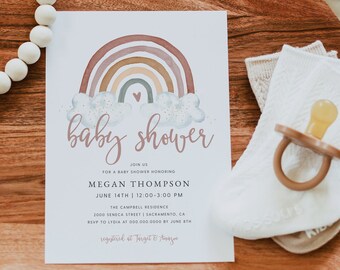 Rainbow Baby Shower Invitation, Boho Rainbow Baby Shower Invite Template, Printable Baby Shower Invitation, Instant Download, Templett #06B