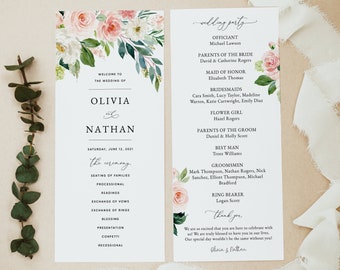 Blush Pink Rose Wedding Program Template, Pink Floral Wedding Program Template Download, Printable Wedding Ceremony Program Download, #013