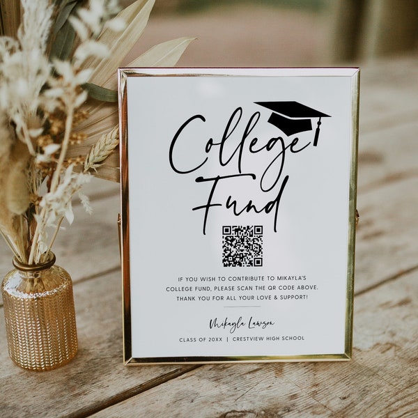 QR Code College Fund Graduation Sign, Printable Graduation College Fund Table Sign, Editable Graduation Sign Download, Templett, #GRD