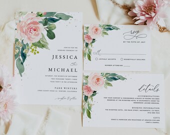 Conjunto de invitación de boda rubor, conjunto de plantillas de invitación de boda floral rosa rubor, descarga de plantilla de invitación de boda imprimible, #0132