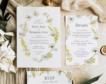 Wildflower Wedding Invitation Suite Template, Elegant Wedding Invitation Set, Printable Wedding Invitation Suite Download, Templett, #020
