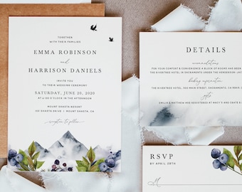 Mountain Wedding Invitation Suite, Rustic Wedding Invitation Set Template, Forest Wedding Invitation Suite Template Download, #009