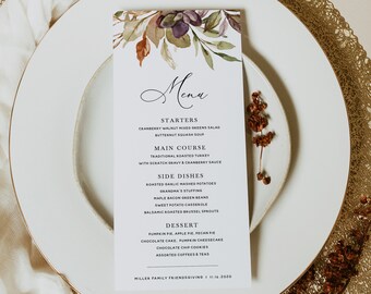 Thanksgiving Menu Card Template, Friendsgiving Menu Printable, Fall Greenery Thanksgiving Dinner Menu, Instant Download, Templett, #TG2
