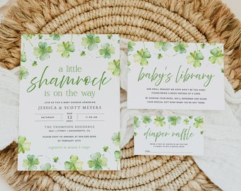 A Little Shamrock is on the Way Baby Shower Invitation Suite, Shamrock Baby Shower Invite Bundle, Printable Diaper Raffle Card Templett #17B