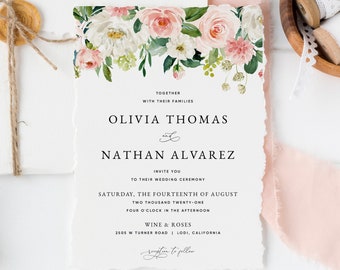 Blush Rose Wedding Invitation Template, Pink Floral Wedding Invitation Printable, Wedding Invitation Template Download, Templett, #013