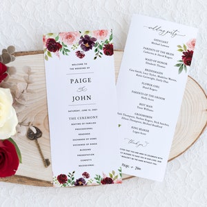 Burgundy & Blush Wedding Ceremony Program Template, Printable Wedding Ceremony Program, Burgundy Wedding Program Download, Templett, #004