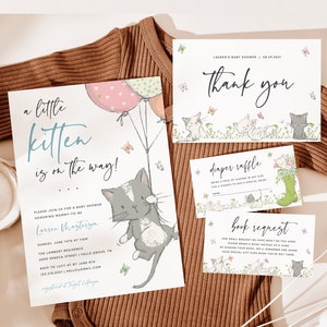 Kätzchen Babyparty Einladungsvorlage, bearbeitbare Babypartyeinladungspaket, druckbare Windelverlosung & Bücher für Baby, Templett, #07B