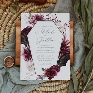 Gotische Hochzeitseinladungsvorlage, druckbare Halloween-Hochzeitseinladungsvorlage, Hochzeits-Website-Karte, bearbeitbare Vorlage, Templett, #006
