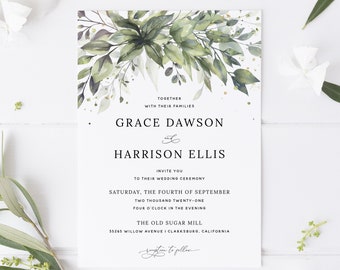 Greenery Wedding Invitation Template, Boho Wedding Invitation Template, Printable Wedding Invitation Template Download, Templett