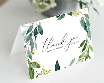Boho Greenery Wedding Thank You Cards, Folded Wedding Thank You Cards Template, Printable Wedding Thank You Card, Templett, #011