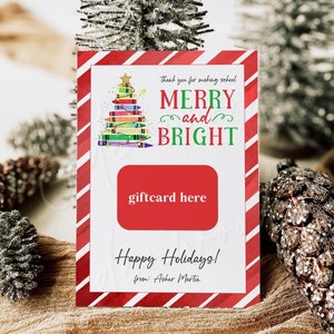 Merry and Bright Lehrer Geschenkkartenhalter, bearbeitbarer Weihnachtsgeschenkkartenhalter für Lehrer, druckbarer Geschenkkartenhalter, Templett